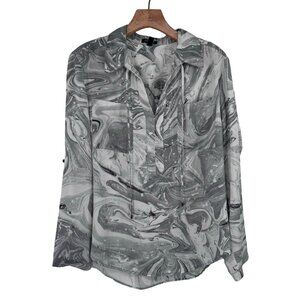 Jones New York Womens gray Marble Print Long roll tab Sleeve Blouse Size Large